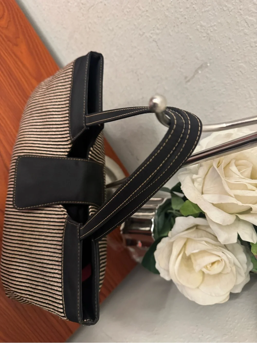 The Sak Striped Tote with Bright Pink Interior and Black Trim